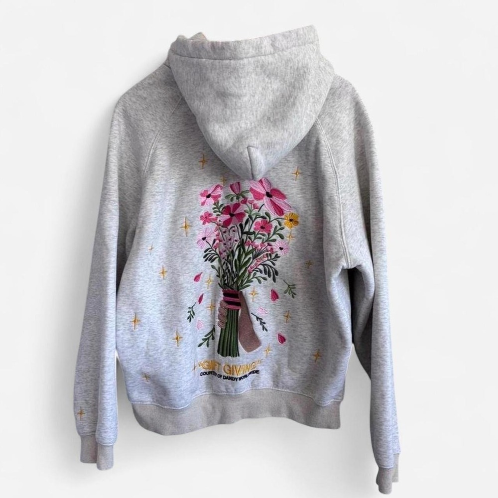Dandy Worldwide Gift Giving Embroidered Floral Oversized Lux Hoodie Grey Small